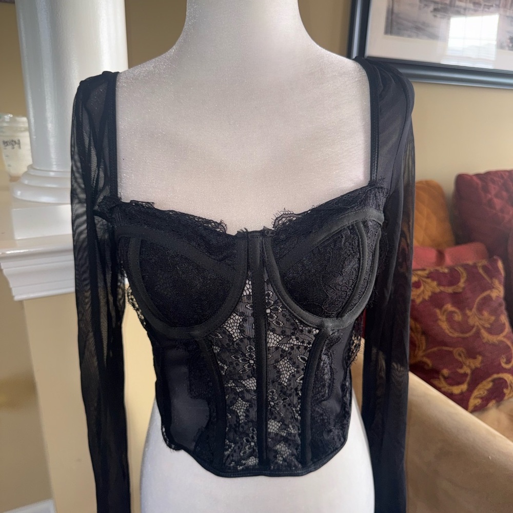 Shein Elegant Black Lace Corset Longsleeve Top
